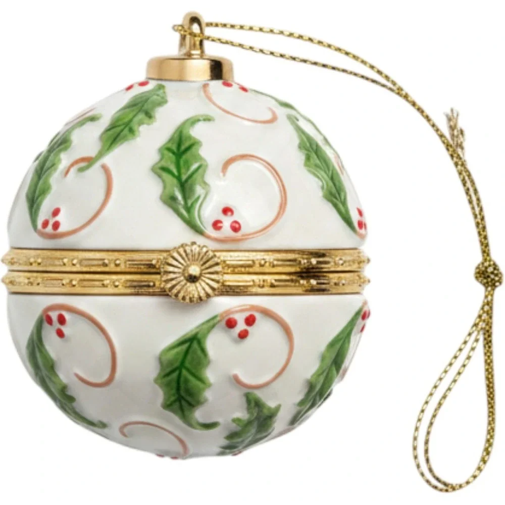 Christmas Holly Ceramic Ornament Hinged Trinket Ring Box Gold Trim White Green